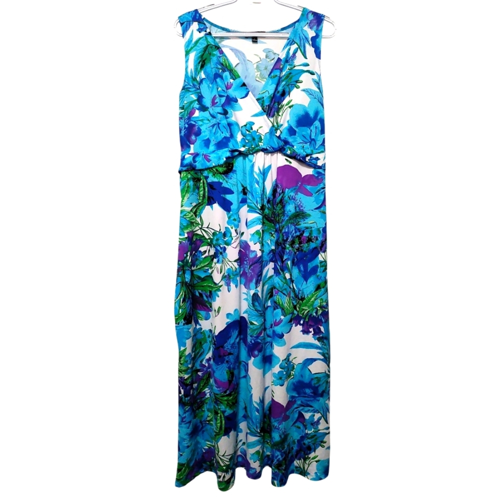Elementz Blue and Green Tropical Floral Maxi Dress Large - Picture 2 of 7